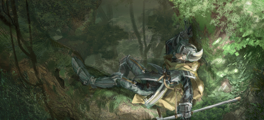 1girl absurdres arm_up armor armored_boots boots breastplate cape day eyes_visible_through_headwear faulds forest green_eyes helmet highres horned_helmet in_tree leaf looking_at_viewer nature open_mouth original outdoors pants pauldrons scenery sheath sheathed shichigatsu shoulder_armor sitting sitting_in_tree smile solo sword tree weapon yellow_cape