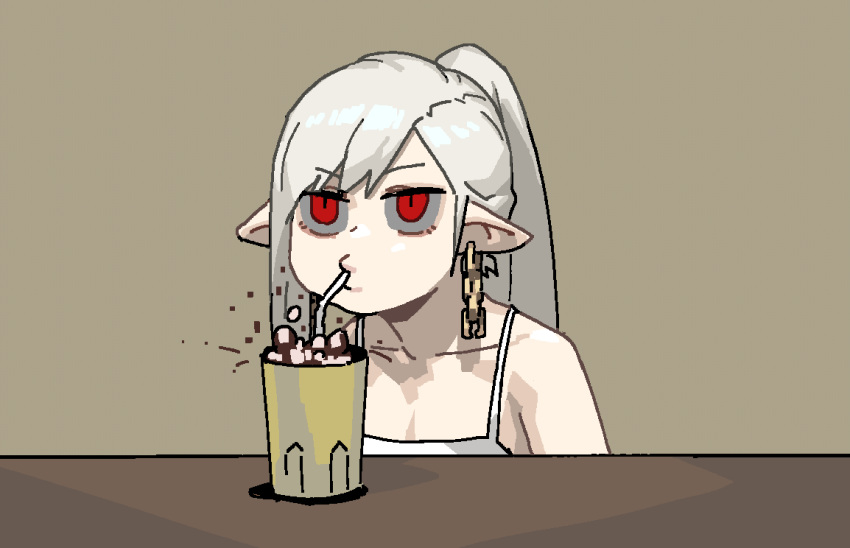 1girl camisole closed_mouth cup drinking_glass earrings gogalking grey_hair jewelry long_hair o3o original ponytail red_eyes simple_background sipping slit_pupils solo vampire_(gogalking) white_camisole yellow_background