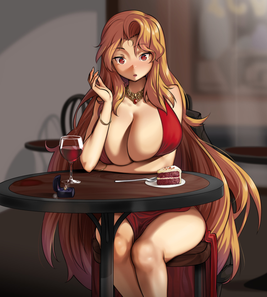 1girl :o alcohol blonde_hair breasts burakku-ra cake cleavage commentary commission cup daidouji_(senran_kagura) dating dress drinking_glass feet_out_of_frame food fork highres huge_breasts jewelry legs legs_together long_hair looking_at_viewer necklace on_chair red_dress red_eyes red_velvet_cake ring senran_kagura sitting slender_female slender_waist solo thighs very_long_hair wedding_ring wine wine_glass