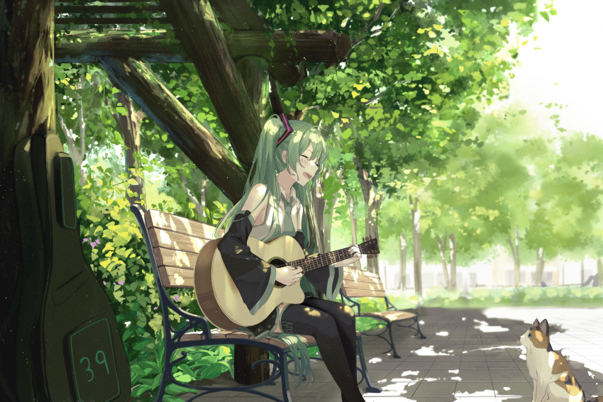 1girl 39 ^_^ acoustic_guitar backlup bangs bare_shoulders bench black_legwear blush boots bush calico closed_eyes collared_shirt dappled_sunlight day detached_sleeves english_commentary feet_out_of_frame from_side green_hair green_neckwear guitar guitar_case hair_ornament hair_over_shoulder hatsune_miku highres holding holding_instrument instrument instrument_case long_hair miniskirt music necktie outdoors park_bench playing_instrument shirt singing sitting skirt smile sunlight thigh-highs thigh_boots tile_floor tiles tree twintails very_long_hair vocaloid white_shirt