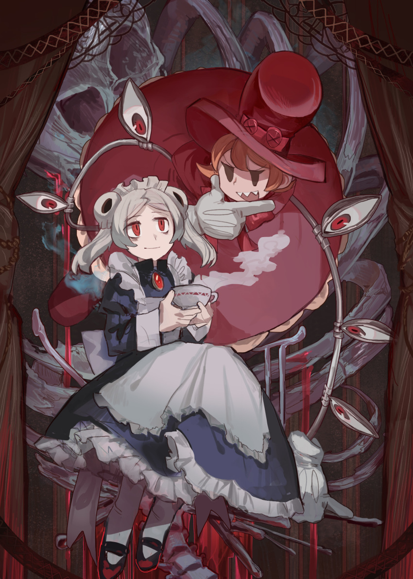 2girls apron bags_under_eyes black_footwear bloody_marie_(skullgirls) closed_mouth cup dress extra_eyes hair_ornament hat highres holding holding_cup long_dress long_sleeves maid maid_apron multiple_girls pantyhose peacock_(skullgirls) purple_dress red_dress red_eyes red_headwear sharp_teeth shichigatsu shoes skull_hair_ornament skullgirls smile teacup teeth top_hat twintails upper_teeth white_apron white_hair white_legwear