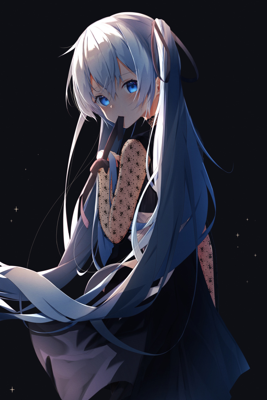 1girl aqua_hair bangs black_dress blue_eyes blush commentary_request cowboy_shot dress from_behind hair_between_eyes hair_ribbon hand_up hatsune_miku highres long_hair long_sleeves looking_at_viewer looking_back mouth_hold ribbon ribbon_in_mouth see-through_sleeves solo sparkle suisen-21 twintails very_long_hair vocaloid