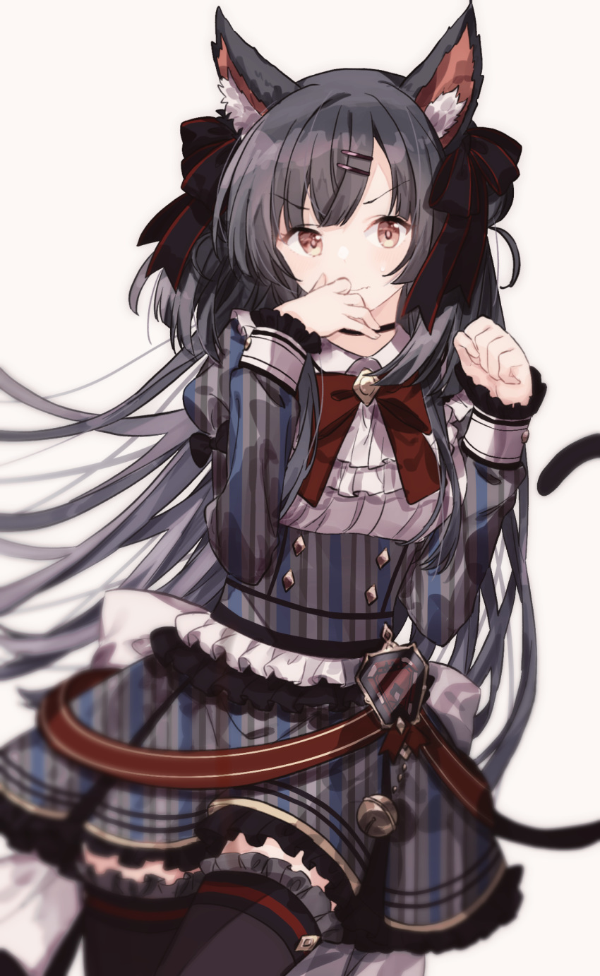 1girl animal_ears bell black_hair black_legwear brown_eyes cat_ears cat_tail commentary_request costume frilled_skirt frilled_sleeves frills gocoli hair_ornament hair_ribbon hairclip highres idolmaster idolmaster_shiny_colors long_hair long_sleeves looking_at_viewer mayuzumi_fuyuko ribbon shirt skirt solo striped striped_shirt tail thigh-highs two_side_up vertical-striped_shirt vertical-striped_skirt vertical_stripes white_background zettai_ryouiki