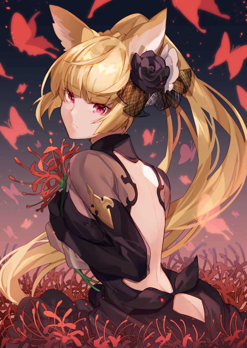 1girl absurdres ass_cutout backless_dress backless_outfit black_flower black_rose blonde_hair bug butterfly clothing_cutout dress erune flower granblue_fantasy hair_flower hair_ornament highres hizuki_miya insect long_hair pink_eyes ponytail rose spider_lily yuisis_(granblue_fantasy)