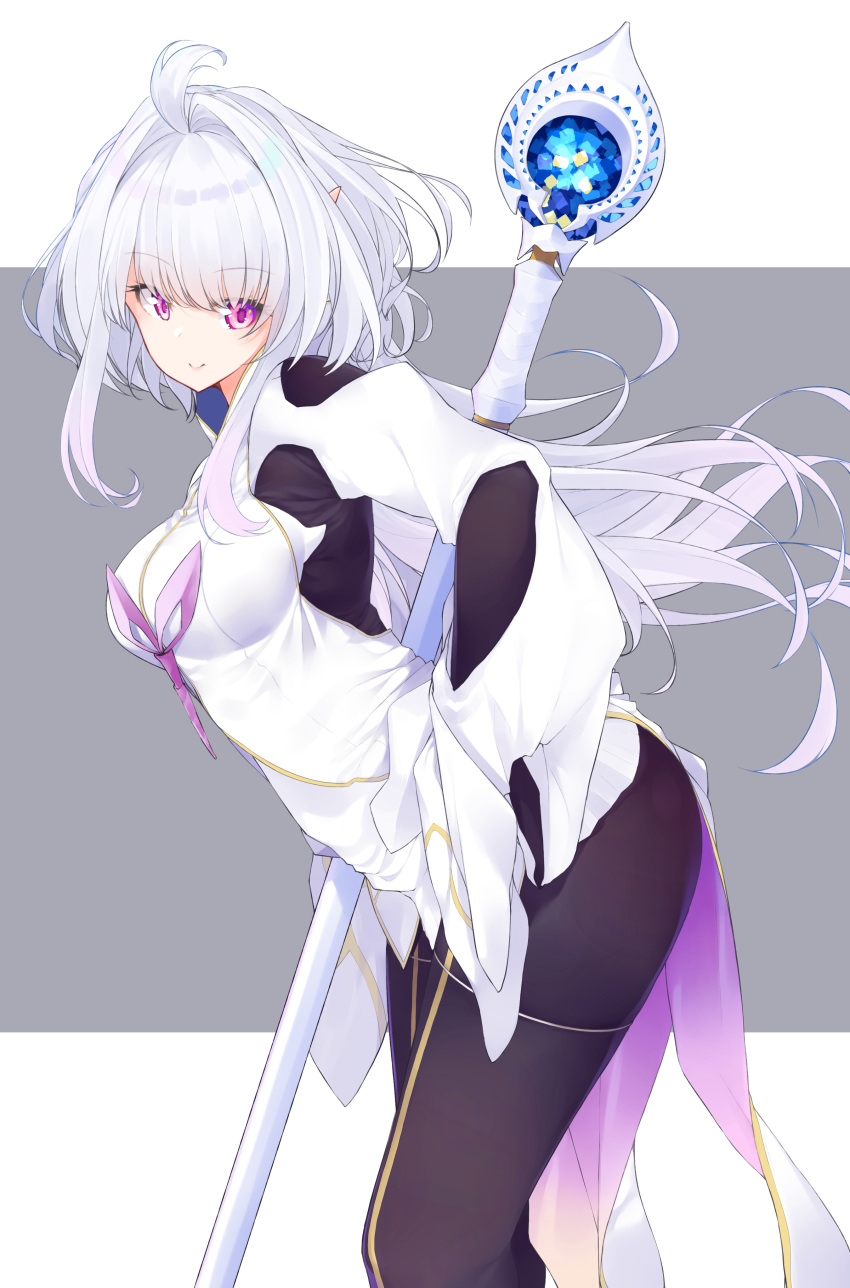 1girl absurdres ahoge bangs black_pants blush breasts fate/grand_order fate/grand_order_arcade fate/prototype fate_(series) hair_intakes highres holding holding_staff long_hair looking_at_viewer medium_breasts merlin_(fate/prototype) miya_ur pants robe_lift sidelocks solo staff violet_eyes white_hair white_robe