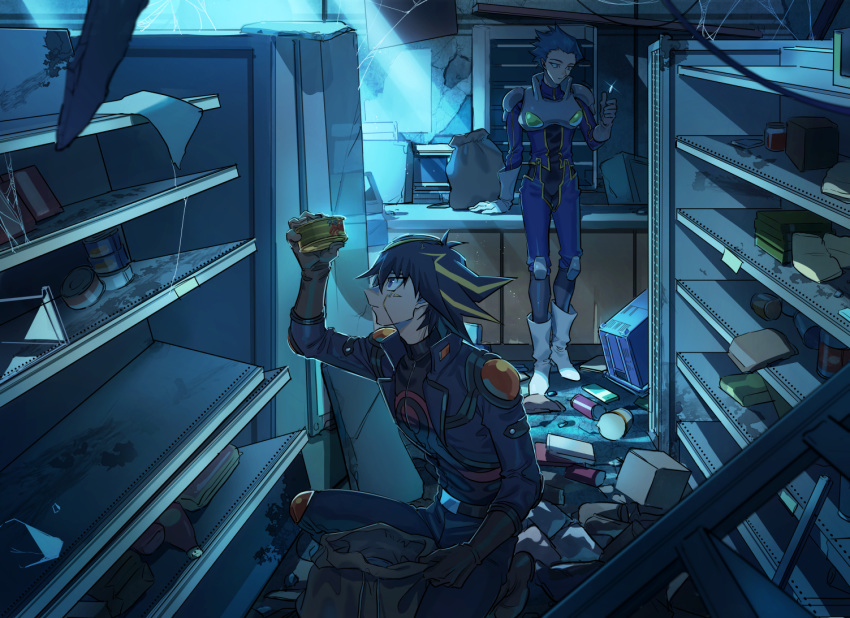 2boys arm_support bag black_shirt blue_bodysuit blue_hair blue_jacket bodysuit brown_gloves bruno_(yuu-gi-ou_5d's) fudou_yuusei gloves holding indoors jacket multiple_boys one_knee open_clothes open_jacket print_shirt profile shiny shiny_hair shirt standing torinomaruyaki white_gloves yu-gi-oh! yu-gi-oh!_5d's