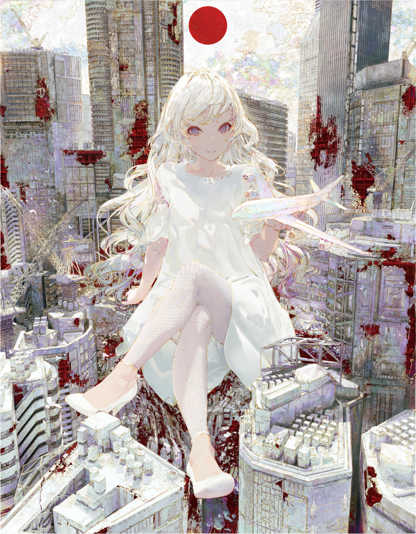 1girl absurdres aircraft airplane animal bird blood blood_splatter blue_eyes blush building clouds cloudy_sky crane_(machine) crossed_legs flying giantess high_heels highres light_blush long_hair original outdoors painterly parted_lips sitting sky smile solo splatter taiki_(luster) white_bird white_footwear white_hair white_legwear white_theme
