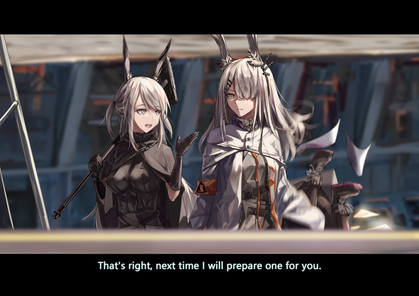 3girls animal_ears arknights bandaid bandaid_on_nose blue_eyes cishi_nianshao earrings energy_wings english_text exusiai_(arknights) fallen_down frostnova_(arknights) gloves grey_hair highres jewelry multiple_girls one_eye_covered rabbit_ears savage_(arknights) subtitled war_hammer weapon