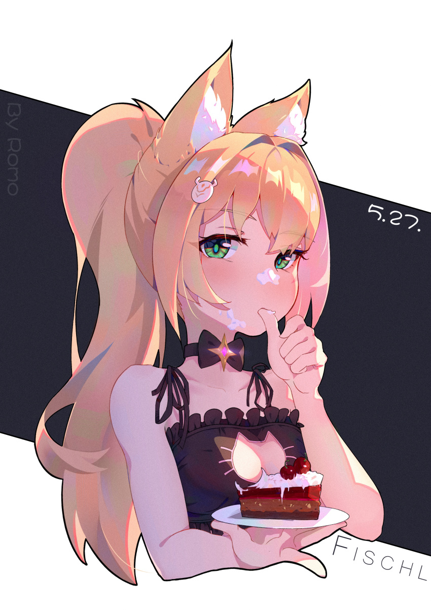 1girl absurdres alternate_hairstyle animal_ear_fluff animal_ears black_bra blonde_hair bra breasts cake cat_cutout cat_ears chinese_commentary choker clothing_cutout dated eyebrows_visible_through_hair finger_licking fischl_(genshin_impact) food food_on_face genshin_impact green_eyes hair_ornament highres kemonomimi_mode licking long_hair meme_attire ponytail ribbon_choker romoromo simple_background small_breasts solo underwear upper_body