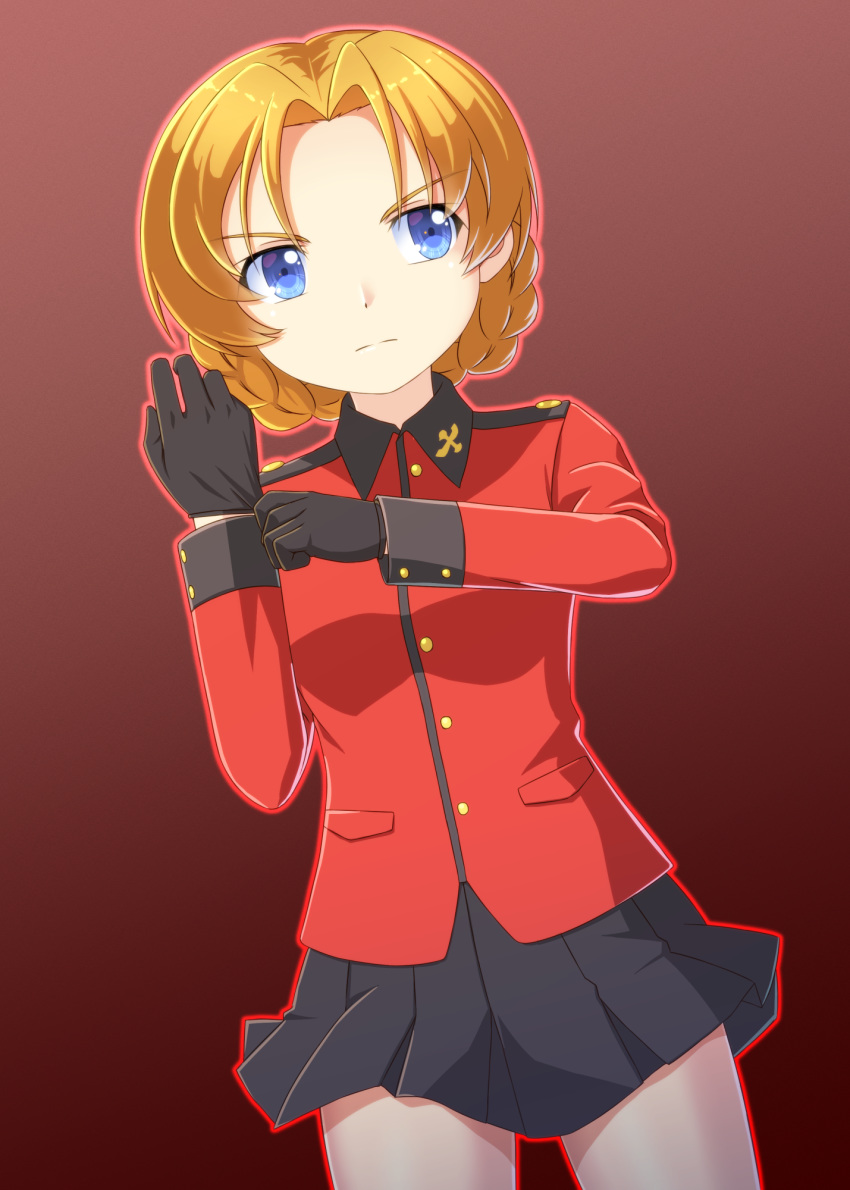 1girl beni_(bluebluesky) black_skirt blonde_hair blue_eyes braid cowboy_shot dutch_angle french_braid frown girls_und_panzer gloves highres jacket orange_pekoe_(girls_und_panzer) putting_on_gloves red_background red_jacket short_hair skirt solo st._gloriana's_military_uniform thighs