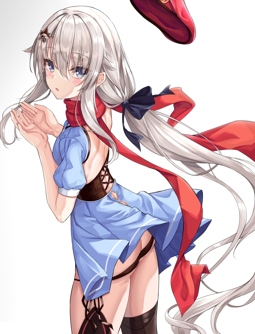 1girl 9a-91_(girls_frontline) absurdres back beret black_legwear blue_dress blue_eyes blush dress eyebrows_visible_through_hair girls_frontline hair_ornament hair_ribbon hat hat_removed headwear_removed highres long_hair looking_at_viewer red_scarf red_star ribbon scarf silver_hair so_myeolchi solo star_(symbol) star_hair_ornament thigh-highs