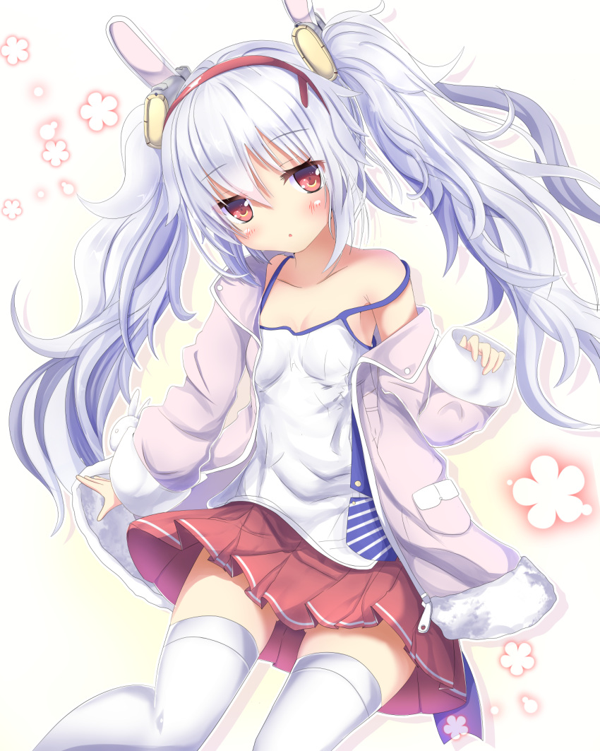1girl animal_ears arm_at_side aruka_(alka_p1) ass_visible_through_thighs azur_lane bangs bare_shoulders blush breasts camisole collarbone commentary_request eyebrows_visible_through_hair floral_background hair_between_eyes hairband hand_up head_tilt headgear highres jacket laffey_(azur_lane) long_hair long_sleeves looking_at_viewer off_shoulder parted_lips pinching_sleeves pink_jacket pleated_skirt rabbit_ears red_eyes red_hairband red_skirt revision silver_hair simple_background skirt sleeves_past_wrists small_breasts solo strap_slip thigh-highs twintails very_long_hair white_background white_camisole white_hair white_legwear zettai_ryouiki
