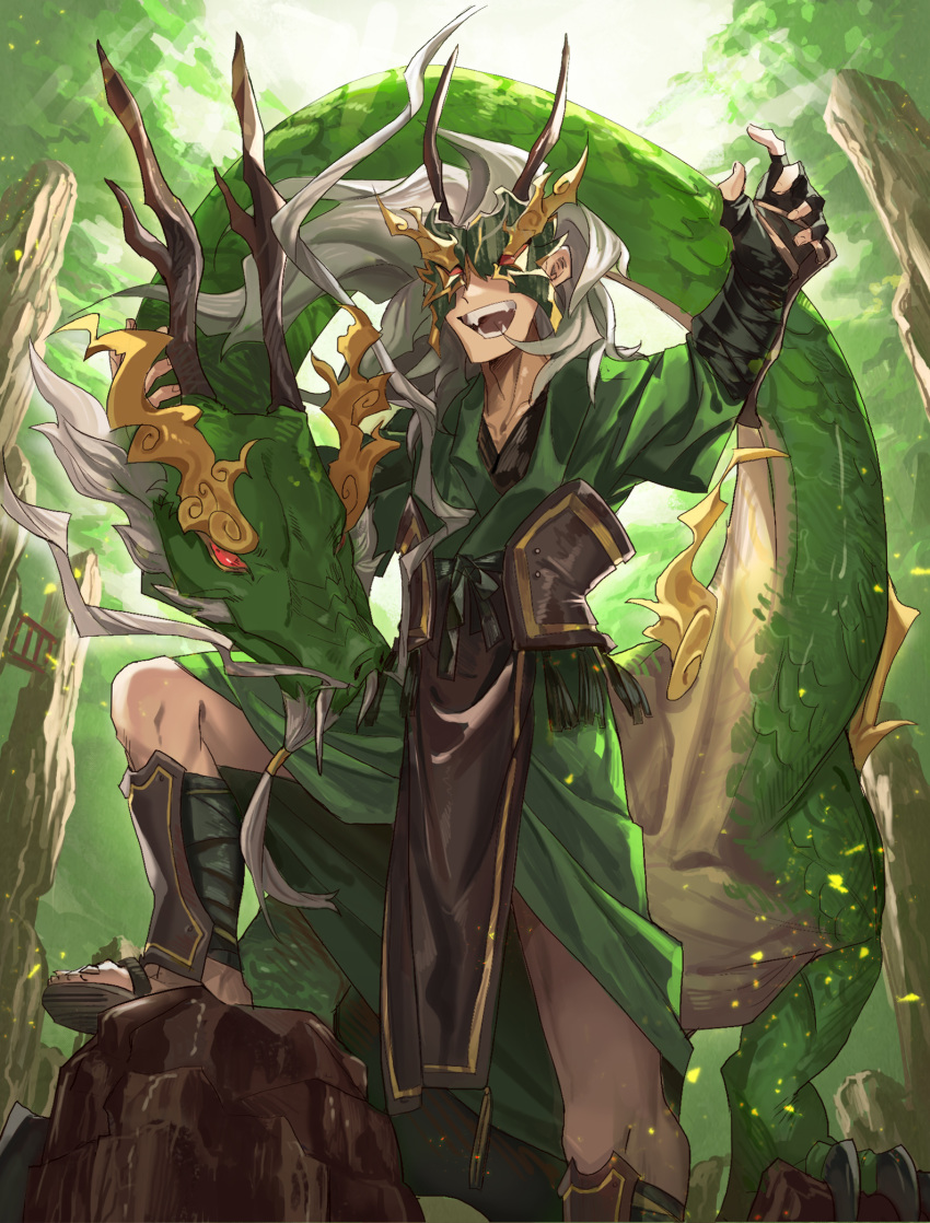 1boy :d black_gloves dragon eastern_dragon fangs fingerless_gloves fingernails gloves green_robe green_theme hand_up hands_up highres horns knee_up long_hair male_focus mask open_mouth original sandals sash shichigatsu smile solo tabard toenails white_hair