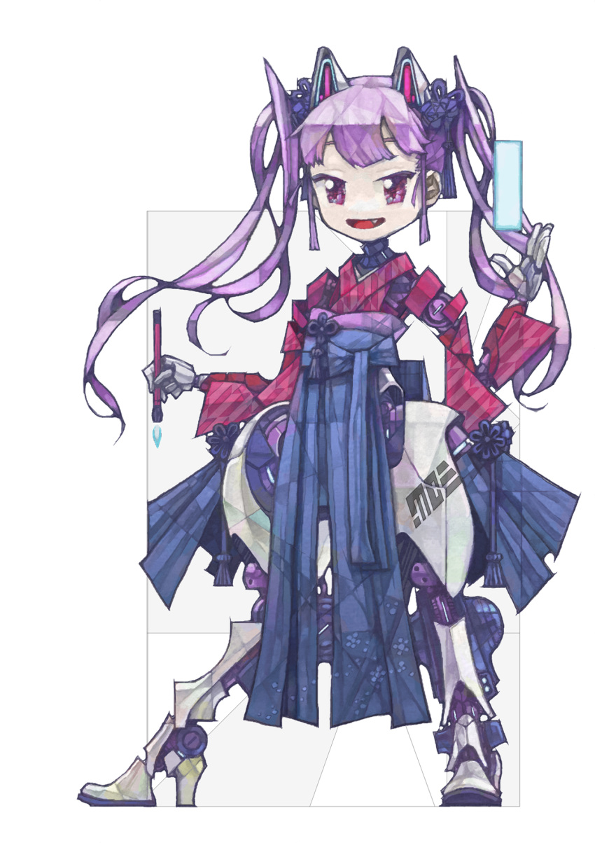 1girl android ashitano_kirin bangs fang full_body highres long_hair open_mouth original purple_hair robot smile solo standing tassel twintails violet_eyes