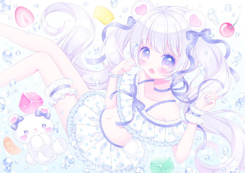 1girl :o animal_ears bangs bare_shoulders bear_ears bikini bikini_skirt blue_bow blue_choker blue_ribbon blush bow bracelet cherry choker collarbone commentary_request cube eyebrows_visible_through_hair feet_out_of_frame food frilled_bikini frills fruit hair_bow hands_up himetsuki_luna jewelry long_hair looking_at_viewer navel open_mouth original pearl_bracelet pineapple pineapple_slice ribbon ribbon_choker silver_hair single_wrist_cuff solo star-shaped_pupils star_(symbol) strawberry stuffed_animal stuffed_toy swimsuit symbol-shaped_pupils teddy_bear twintails very_long_hair violet_eyes water_drop white_bikini wrist_cuffs