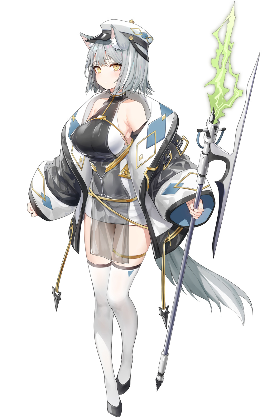 1girl animal_ear_fluff animal_ears armpit_crease bare_shoulders breasts coat dress frown full_body grey_hair halberd halter_dress hat highres holding holding_weapon large_breasts long_sleeves looking_at_viewer military_hat off_shoulder open_clothes open_coat original peaked_cap polearm ronopu see-through short_hair simple_background sleeveless sleeveless_dress solo tail thigh-highs thighs two-tone_dress weapon white_background white_coat white_dress white_headwear white_legwear wide_sleeves wolf_ears wolf_girl wolf_tail yellow_eyes zettai_ryouiki