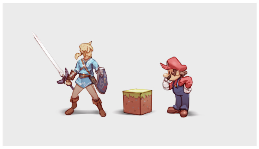 2boys block chin_stroking facial_hair gloves grey_background hand_on_hip hat highres link male_focus mario super_mario_bros. master_sword minecraft multiple_boys mustache nin_nakajima overalls ponytail red_headwear red_shirt shield shirt simple_background super_smash_bros. the_legend_of_zelda the_legend_of_zelda:_breath_of_the_wild tunic white_gloves