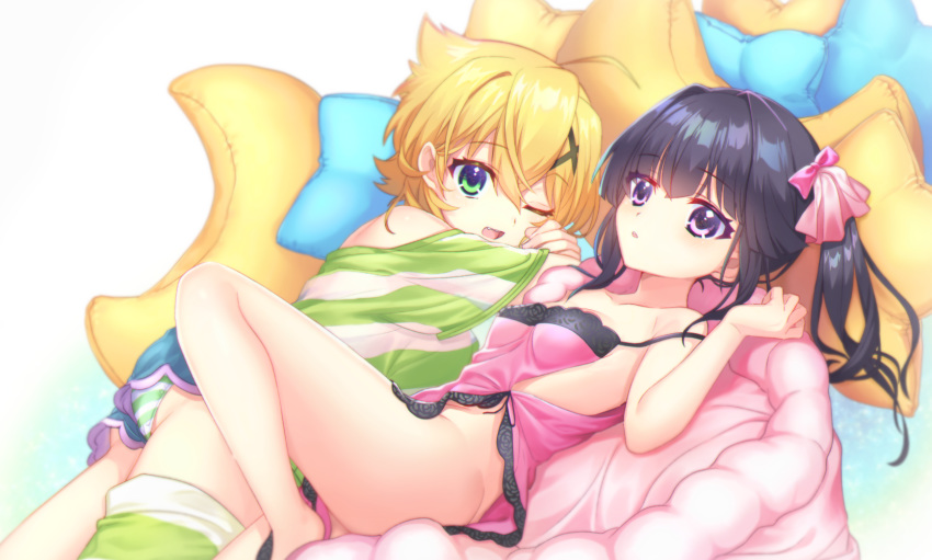 2girls akatsuki_kirika ass bangs black_hair blonde_hair blunt_bangs blush breasts green_eyes hair_ornament highres long_hair looking_at_viewer lying medium_breasts multiple_girls no_panties one_eye_closed panties pillow pink_eyes see-through senki_zesshou_symphogear shiny shiny_hair shiny_skin shirt short_hair sleepwear striped striped_panties striped_shirt tsukuyomi_shirabe twintails underwear wada_chiyon x_hair_ornament