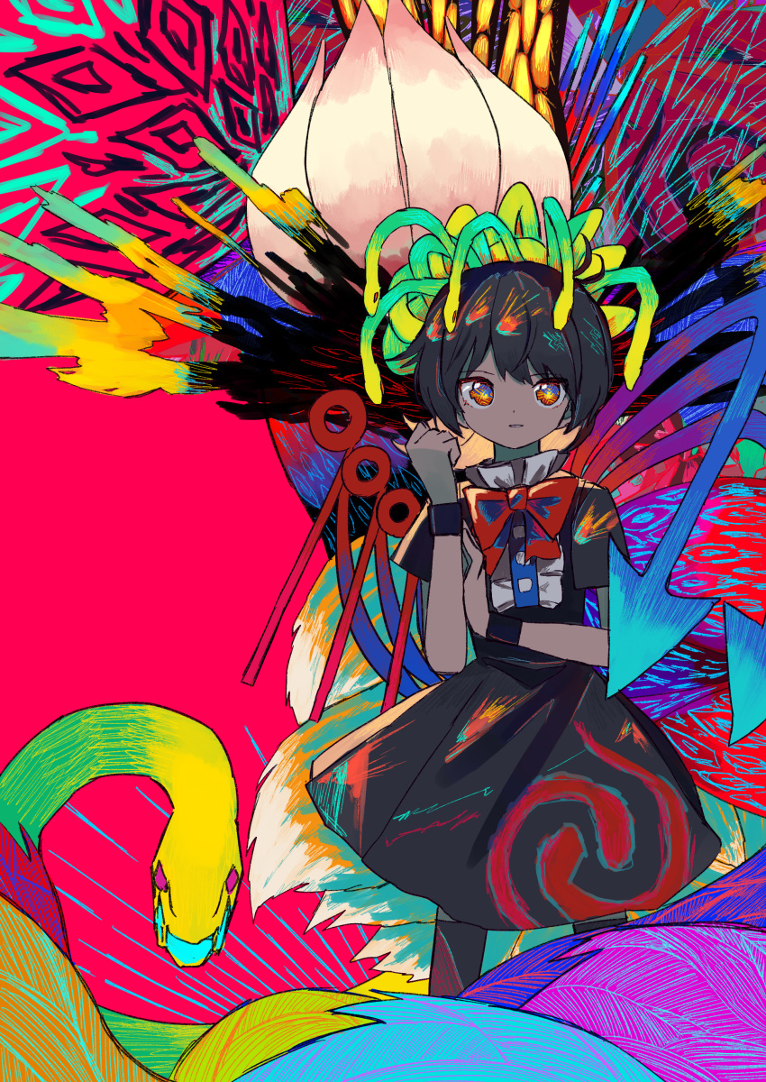 1girl abstract abstract_background absurdres asymmetrical_wings black_dress black_hair blue_eyes blue_wings bow colorful dress feet_out_of_frame flower highres houjuu_nue looking_at_viewer multicolored multicolored_eyes multiple_tails neruzou red_bow red_eyes red_neckwear red_wings short_hair short_sleeves snake solo tail touhou wings
