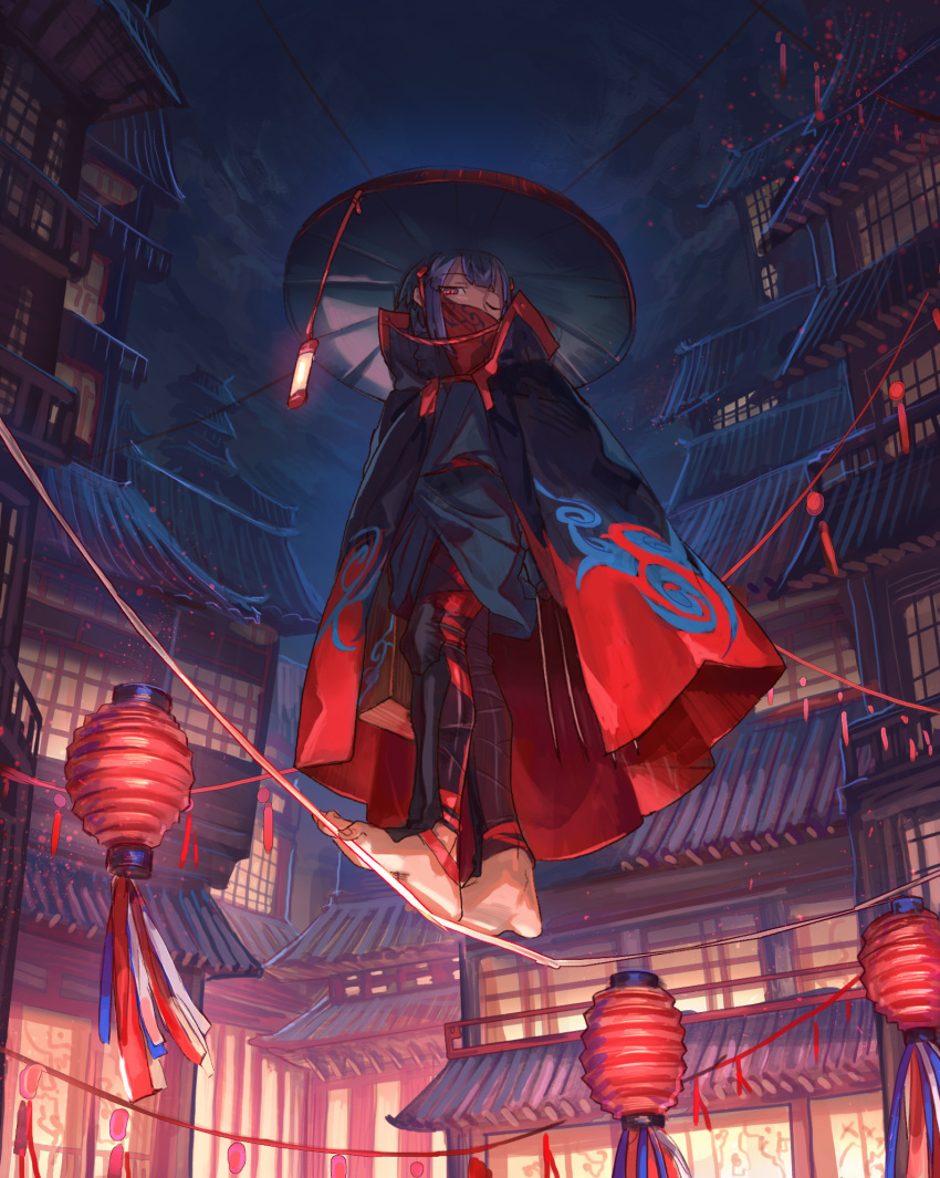 1girl architecture bandaged_leg bandages barefoot black_cloak building claw_(weapon) cloak clouds covered_mouth east_asian_architecture hat highres holding knee_pads kohari_(shichigatsu) lantern looking_at_viewer night night_sky one_eye_closed original outdoors paper_lantern purple_hair red_eyes red_headwear rice_hat rope_walking shichigatsu short_hair sky solo toenails walking weapon