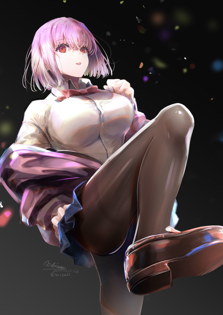 absurdres black_background blouse breasts highres hirose_(10011) jacket large_breasts pantyhose red_eyes shinjou_akane shoes signature ssss.gridman white_hair white_skin