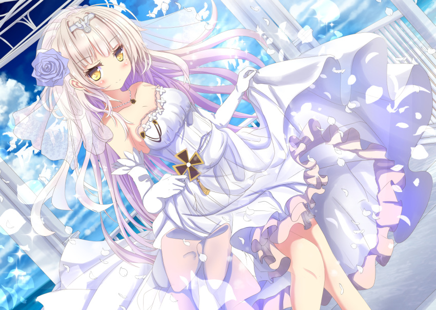 1girl alternate_costume aruka_(alka_p1) azur_lane bird breasts bridal_veil clouds collarbone commentary_request dove dress dress_lift dutch_angle elbow_gloves feathers flower gloves hair_flower hair_ornament iron_cross jewelry long_hair looking_at_viewer mole mole_under_eye necklace ocean off-shoulder_dress off_shoulder petals revision silver_hair sky smile solo veil wedding_dress white_gloves white_hair wind yellow_eyes z46_(azur_lane)