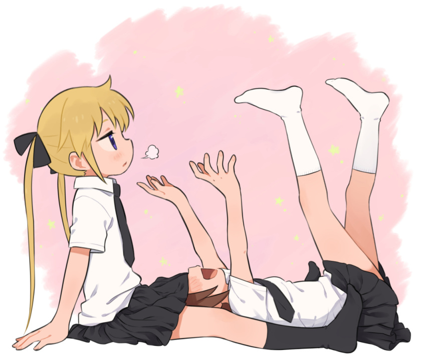 2girls :d =3 arms_up black_legwear black_neckwear black_ribbon black_skirt blonde_hair blush brown_hair commentary full_body hair_ribbon head_under_skirt kill_me_baby legs_up long_hair lying meis_(terameisu) multiple_girls necktie no_shoes on_back open_mouth oribe_yasuna pleated_skirt ribbon school_uniform shirt short_hair short_sleeves sigh simple_background sitting skirt smile socks sonya_(kill_me_baby) star_(symbol) twintails violet_eyes white_footwear white_shirt yuri