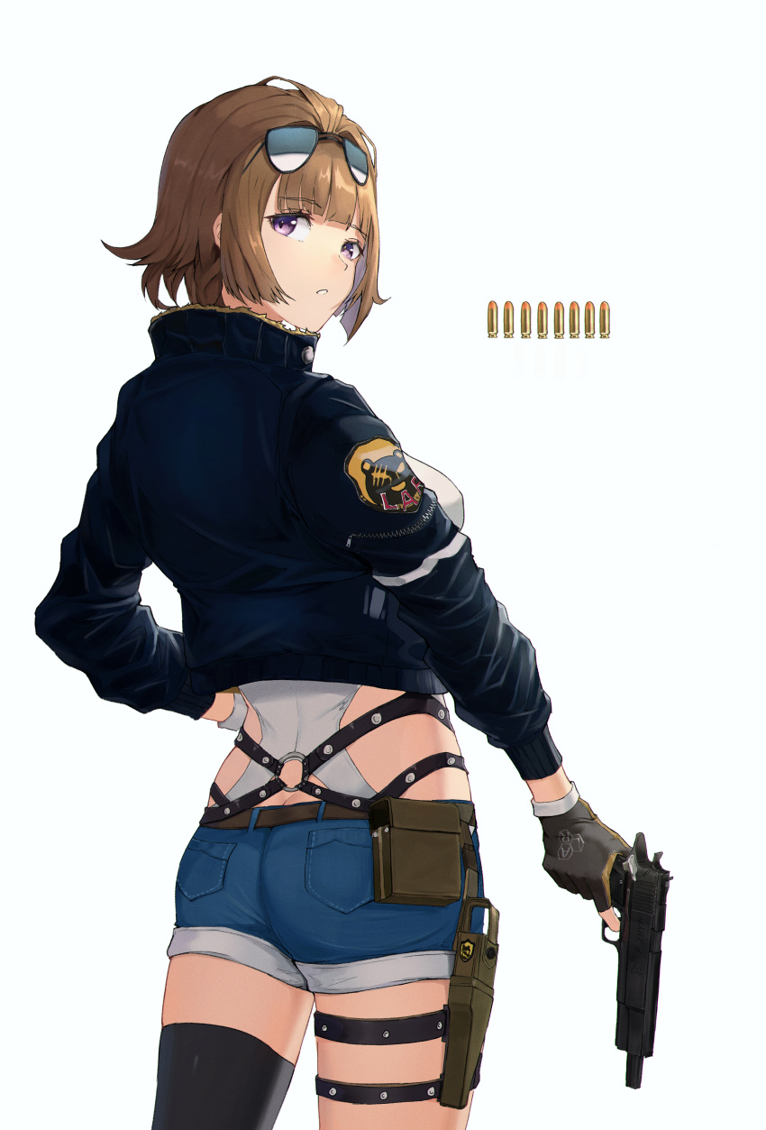 1girl absurdres back black_legwear blue_jacket brown_hair closed_mouth denim denim_shorts eyebrows_visible_through_hair eyewear_on_head girls_frontline gloves grey_gloves grizzly_mkv grizzly_mkv_(girls_frontline) gun hand_on_hip handgun highres holding holding_gun holding_weapon holster jacket looking_at_viewer looking_back ritta_(abmnoworld) short_hair shorts single_thighhigh solo standing thigh-highs violet_eyes weapon white_background
