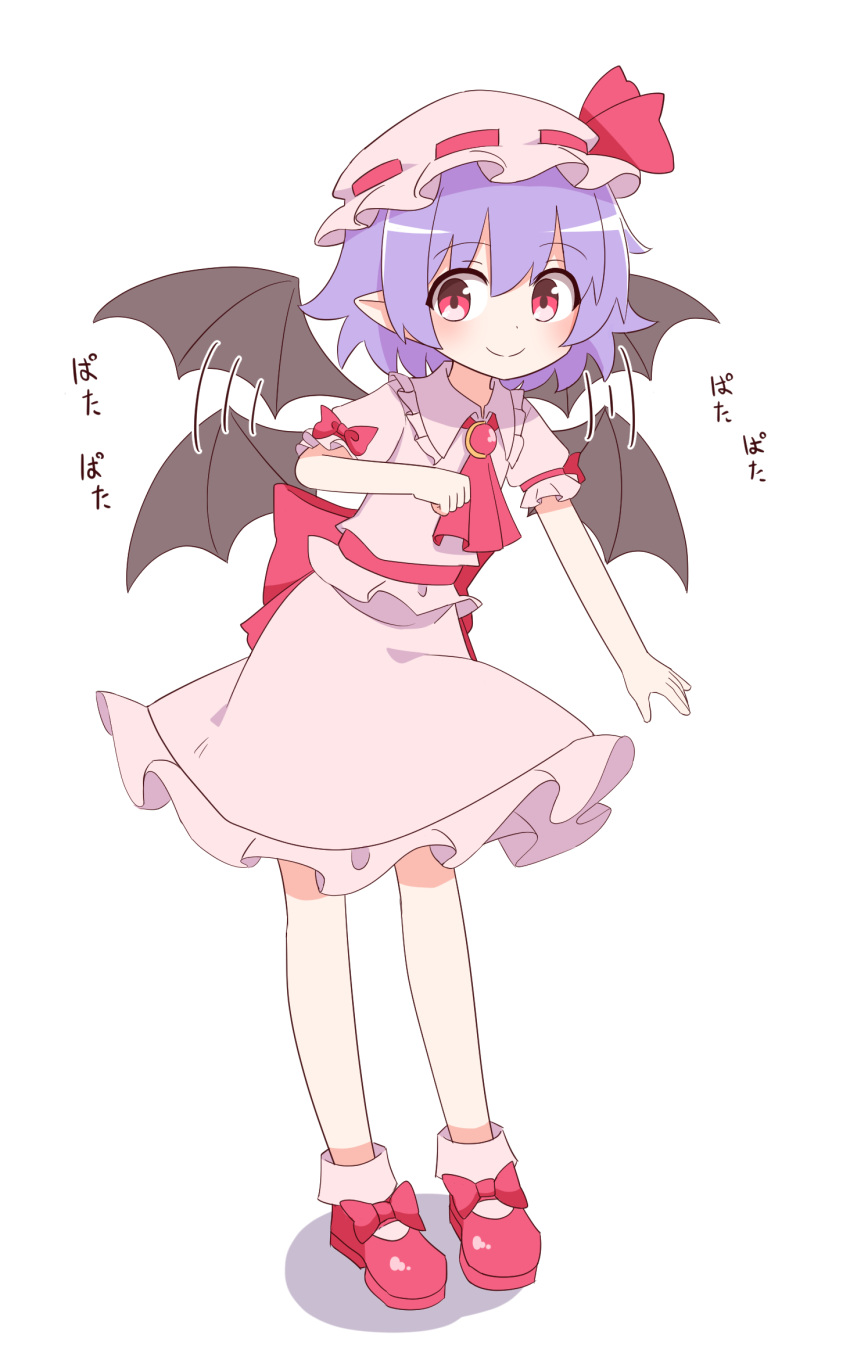 1girl afterimage back_bow bat_wings blush bow brooch commentary flapping full_body hat hat_ribbon highres jewelry looking_at_viewer mob_cap nihohohi pink_headwear pink_legwear pink_shorts pink_skirt pointy_ears purple_hair red_bow red_eyes red_footwear red_neckwear red_ribbon remilia_scarlet ribbon shoe_bow shoes short_hair short_sleeves shorts simple_background skirt smile socks solo touhou white_background wings