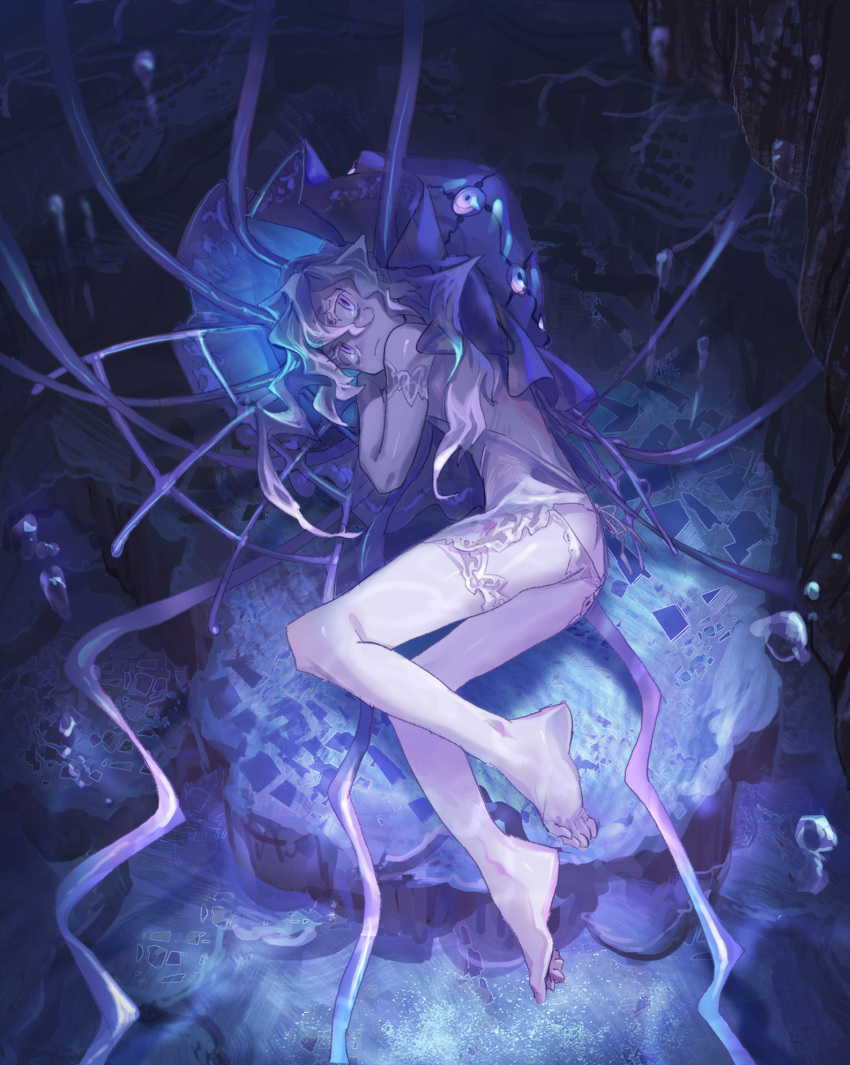 1girl bare_shoulders barefoot closed_mouth from_side garter_belt hair_between_eyes highres looking_at_viewer lying on_side original purple_theme shichigatsu solo tagme violet_eyes