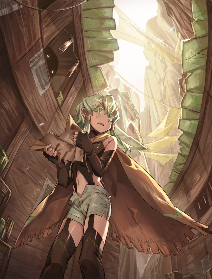 1girl bare_shoulders black_gloves black_legwear brown_cape cape city d: day elbow_gloves gloves green_eyes green_hair grey_shorts hair_tubes highres holding holding_map kazuha_(shichigatsu) map navel open_mouth original outdoors shichigatsu shorts solo standing thigh-highs worried