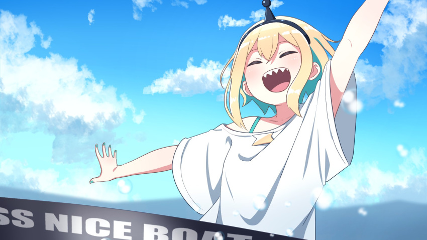 1girl ^_^ ^o^ amano_pikamee aqua_hair arm_up blonde_hair blue_nails blue_sky breasts closed_eyes clouds cloudy_sky colored_inner_hair commentary day english_text engrish_text fangs hairband highres kaynimatic looking_at_viewer multicolored_hair nail_polish open_mouth outdoors outstretched_arms ranguage sharp_teeth shirt short_hair short_sleeves sky small_breasts smile solo t-shirt teeth two-tone_hair upper_body virtual_youtuber voms water_drop white_shirt