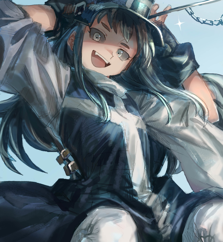 1girl :d arms_up black_gloves blue_background chain dark_green_hair dress eyebrows fang fingerless_gloves gloves green_hair grey_eyes grey_eyes grey_sclera hat head_tilt highres jpeg_artifacts long_hair looking_at_viewer open_mouth original pants ringed_eyes shichigatsu simple_background smile solo sparkle upper_body white_legwear