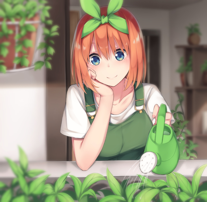 1girl absurdres bangs blue_eyes blurry blurry_background blurry_foreground blush breasts chin_rest closed_mouth collarbone commentary_request depth_of_field dress go-toubun_no_hanayome green_dress green_ribbon hair_between_eyes hair_ribbon hand_on_own_cheek highres indoors jii_tomo leaf looking_at_viewer medium_breasts nakano_yotsuba orange_hair outdoors plant potted_plant ribbon shirt short_hair smile solo upper_body watering watering_can white_shirt