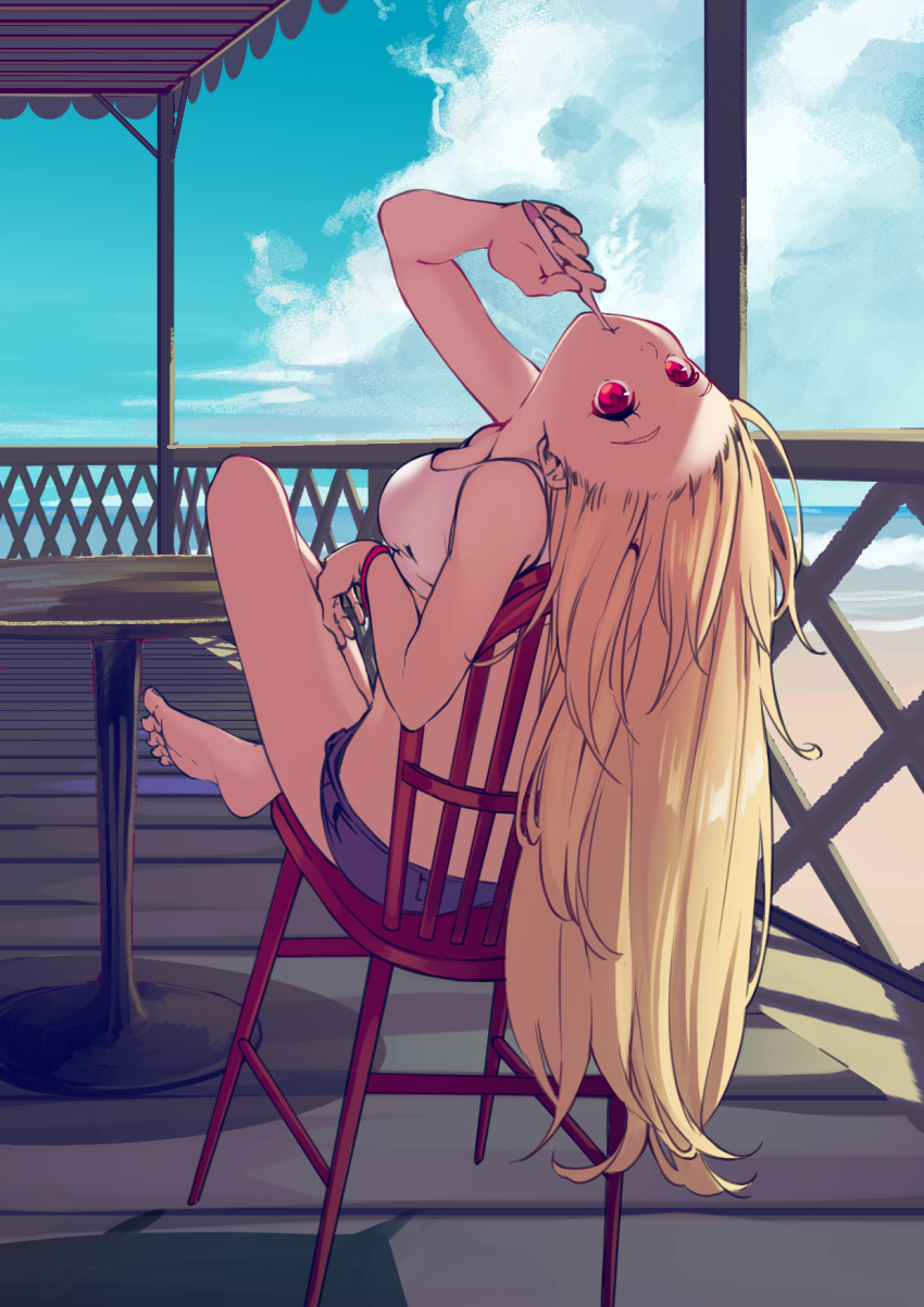 1girl alternate_costume alternate_hairstyle azur_lane barefoot beach blonde_hair blue_sky brushing_teeth chair cleveland_(azur_lane) clouds commentary crop_top from_behind highres indian_style kiiro_(1718) leaning_back long_hair ocean outdoors red_eyes sand shirt sitting sky solo straight_hair table tank_top water white_shirt wristband