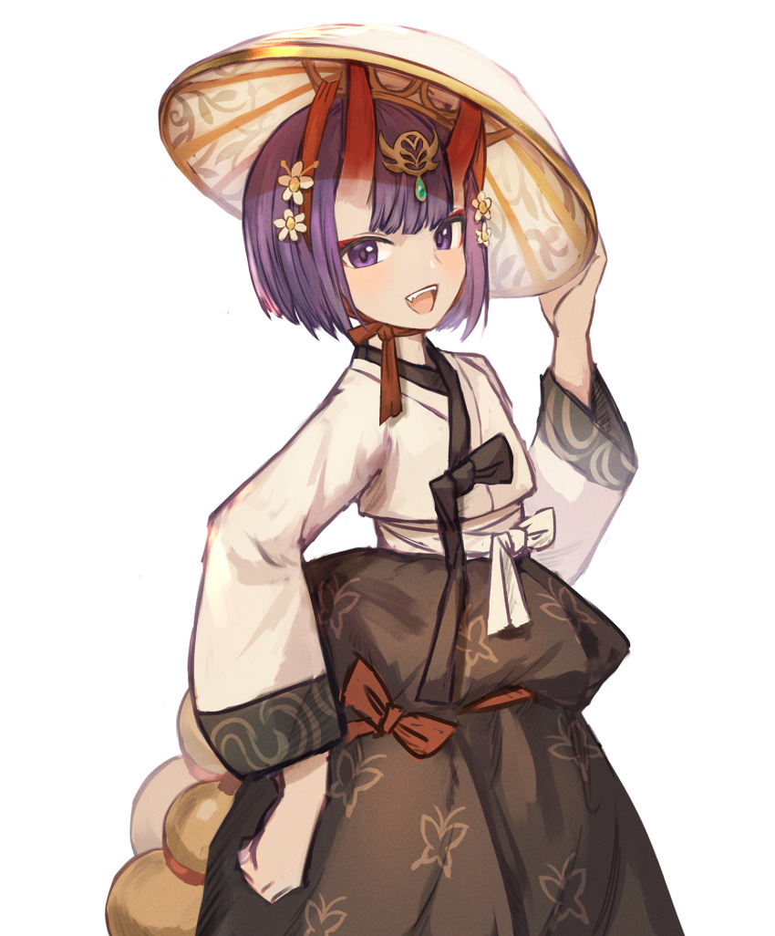 1girl bangs blush bob_cut breasts eyeliner fate/grand_order fate_(series) flower gourd hair_flower hair_ornament hanbok headpiece highres horns ichimegasa korean_clothes long_sleeves looking_at_viewer makeup oni oni_horns open_mouth purple_hair sash short_eyebrows short_hair shuten_douji_(fate/grand_order) simple_background skin-covered_horns small_breasts smile sookmo violet_eyes white_background