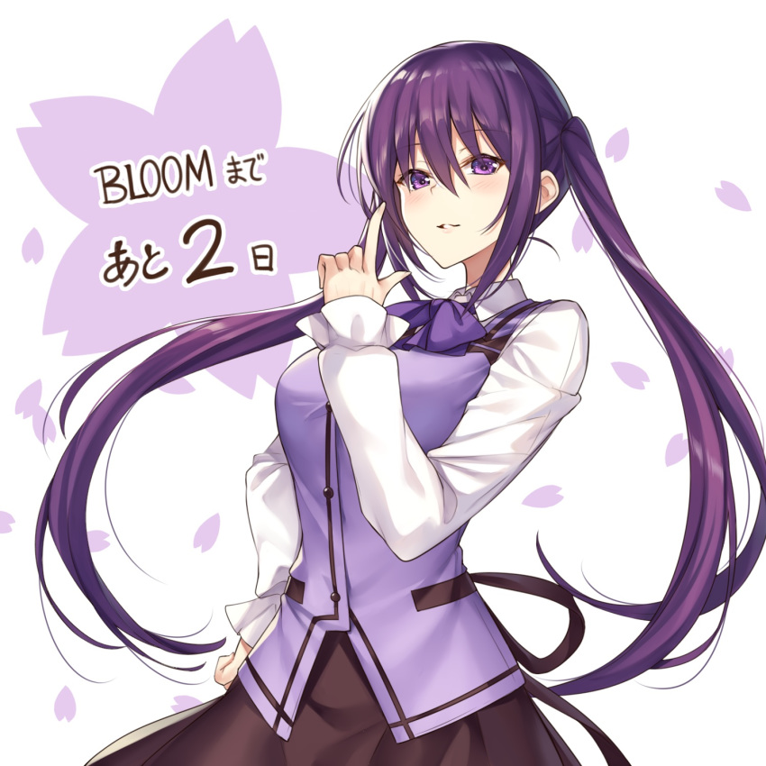 1girl bow breasts collared_shirt eyebrows_visible_through_hair gochuumon_wa_usagi_desu_ka? hand_on_hip highres index_finger_raised ks_(xephyrks) large_breasts long_hair long_sleeves looking_at_viewer parted_lips purple_bow purple_hair shirt solo tedeza_rize translation_request twintails very_long_hair violet_eyes white_shirt