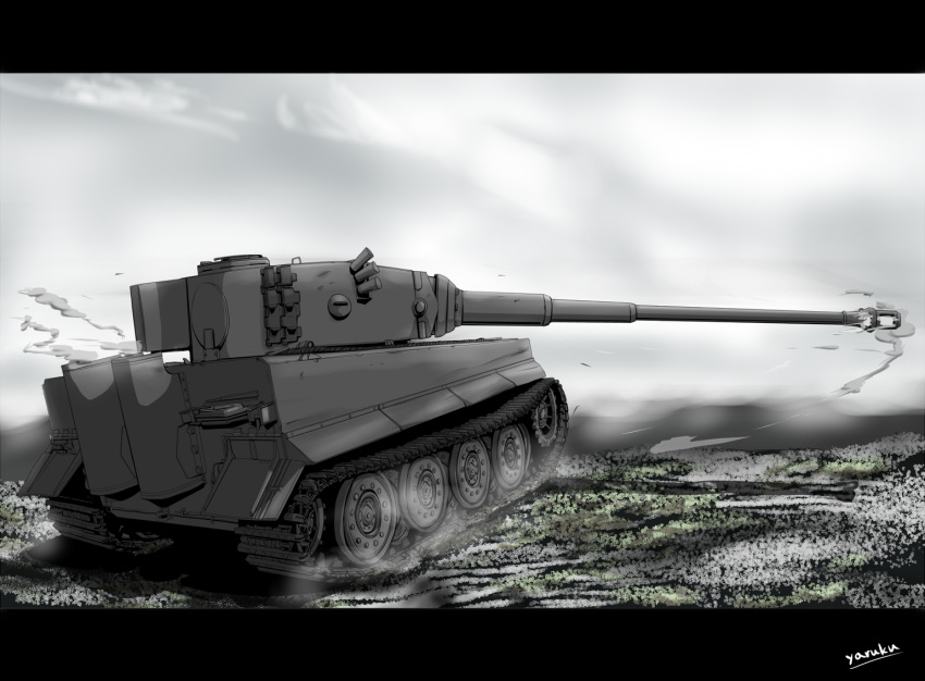 artist_name caterpillar_tracks clouds commentary_request grass ground_vehicle military military_vehicle motor_vehicle no_humans original sky smoke tank tiger_i yaruku