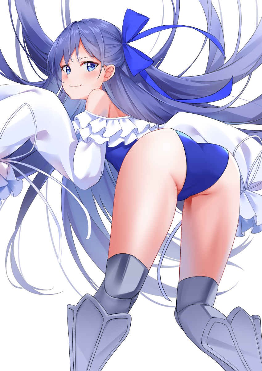 1girl absurdres ass bangs bare_shoulders bent_over blue_eyes blue_ribbon blush breasts closed_mouth fate/grand_order fate_(series) frills greaves hair_ribbon highleg highleg_swimsuit highres long_hair long_sleeves looking_at_viewer looking_back meltryllis meltryllis_(swimsuit_lancer)_(fate) mojomaru off-shoulder_swimsuit one-piece_swimsuit prosthesis prosthetic_leg puffy_sleeves purple_hair ribbon sleeves_past_fingers sleeves_past_wrists small_breasts smile swimsuit thighs very_long_hair white_ribbon