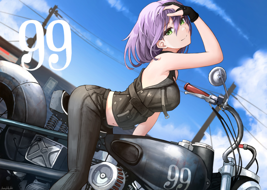 1girl bangs bent_over black_gloves blue_sky breasts closed_mouth day eyebrows_visible_through_hair gloves green_eyes grey_pants ground_vehicle hair_between_eyes hand_in_hair highres junshiki long_hair looking_at_viewer medium_breasts midriff motor_vehicle motorcycle navel number original outdoors pants purple_hair riding sky sleeveless smile solo stomach