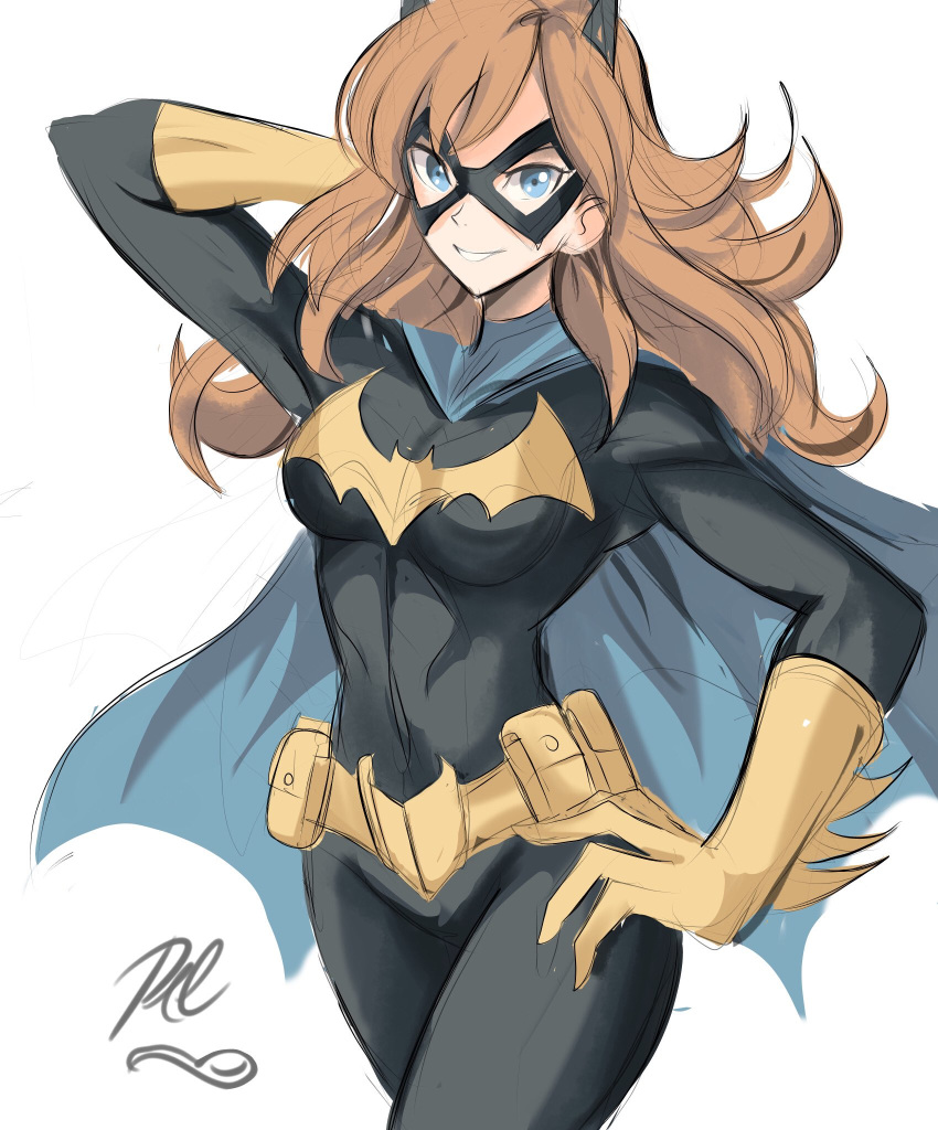 barbara_gordon batgirl batman_(series) billowing_cape blue_eyes breasts brown_hair cape hand_on_hip highres looking_at_viewer rakeem_garcia-cueto sketch small_breasts superhero white_background