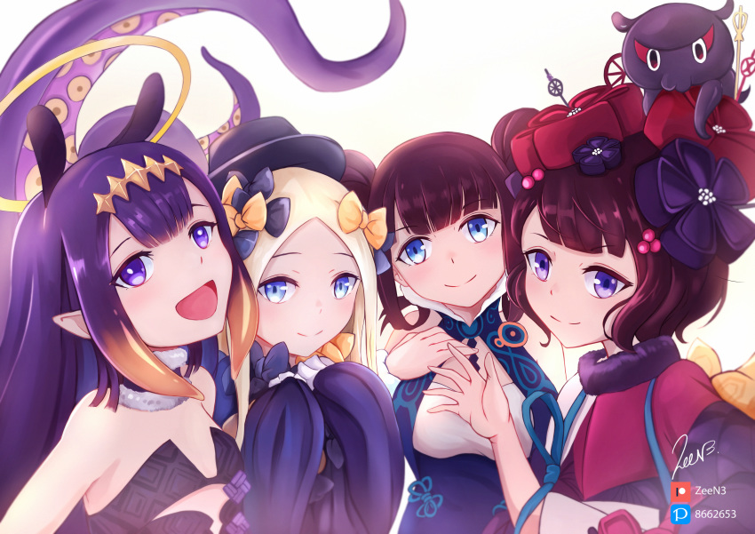 4girls abigail_williams_(fate/grand_order) absurdres artist_name bangs blue_eyes breasts china_dress chinese_clothes closed_mouth creator_connection dress english_commentary eyebrows_visible_through_hair fate/grand_order fate_(series) flower hair_flower hair_ornament hair_ribbon hat highres hololive hololive_english katsushika_hokusai_(fate/grand_order) long_hair long_sleeves looking_at_viewer mixed-language_commentary multiple_girls ninomae_ina'nis open_mouth parted_hair patreon_logo pixiv_logo pointy_ears ribbon self_shot short_hair small_breasts smile squid tentacles trait_connection violet_eyes virtual_youtuber yang_guifei_(fate/grand_order) zee_n3