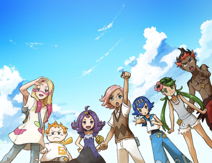 3boys 4girls abs acerola_(pokemon) arm_up belt black_eyes black_hair blonde_hair blue_eyes blue_hair blue_pants blush blush_stickers clenched_hands clouds commentary_request dark_skin dark_skinned_male day dress eyelashes flower green_hair hair_flower hair_ornament hands_on_hips ilima_(pokemon) jewelry kiawe_(pokemon) lana_(pokemon) mallow_(pokemon) mina_(pokemon) miu_(miuuu_721) multicolored_hair multiple_boys multiple_girls necklace open_mouth orange_hair outdoors pants pink_hair pointing pokemon pokemon_(game) pokemon_sm pout purple_hair sailor_collar shirt shirtless short_sleeves sky sleeveless_sweater sophocles_(pokemon) tongue torn_clothes torn_pants twintails two-tone_hair