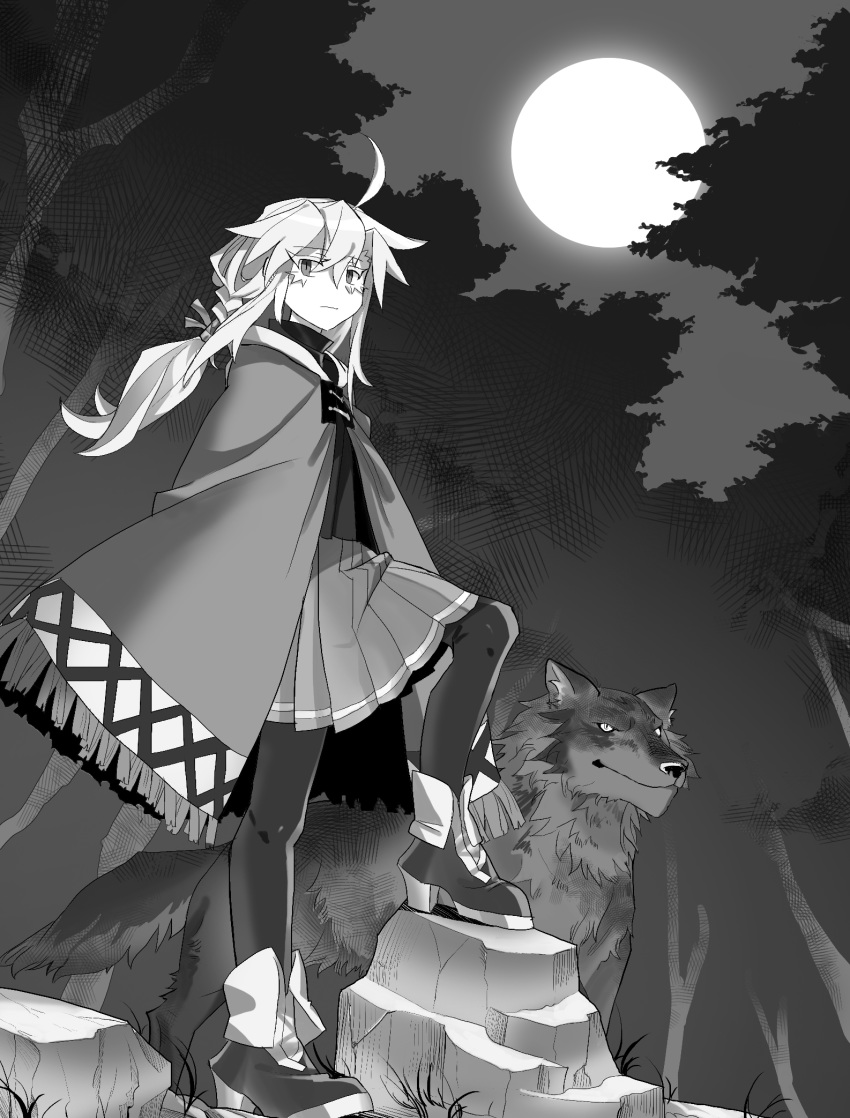 1girl ahoge ari_(shichigatsu) braid braided_ponytail cloak closed_mouth forest full_moon greyscale hair_between_eyes highres knee_up long_hair looking_at_viewer monochrome moon nature original pantyhose pleated_skirt shichigatsu skirt solo wolf