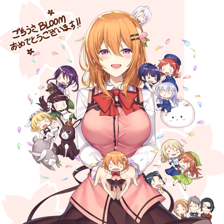 3boys 6+girls anko_(gochiusa) aoyama_blue_mountain blush bow breasts brown_hair character_request chibi gochuumon_wa_usagi_desu_ka? highres hoto_cocoa hoto_cocoa's_mother hoto_mocha jouga_maya kafuu_chino kirima_sharo ks_(xephyrks) large_breasts looking_at_viewer medium_hair multiple_boys multiple_girls natsu_megumi open_mouth red_bow smile tedeza_rize tippy_(gochiusa) translation_request ujimatsu_chiya violet_eyes wild_geese