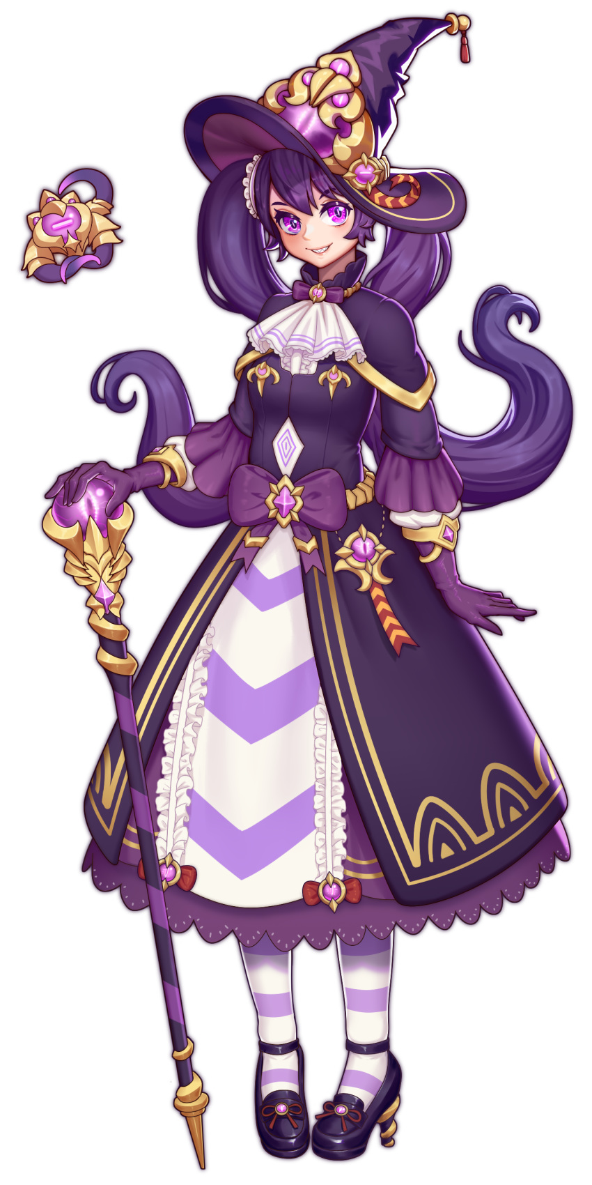 1girl absurdres black_footwear bow cane dress frills gem genderswap genderswap_(mtf) gloves glowing hat high_heels highres holding holding_cane kokoala league_of_legends long_hair parted_lips purple_bow purple_dress purple_gloves purple_hair purple_headwear purple_theme simple_background smile solo standing striped striped_legwear twintails vel'koz violet_eyes white_background witch_hat