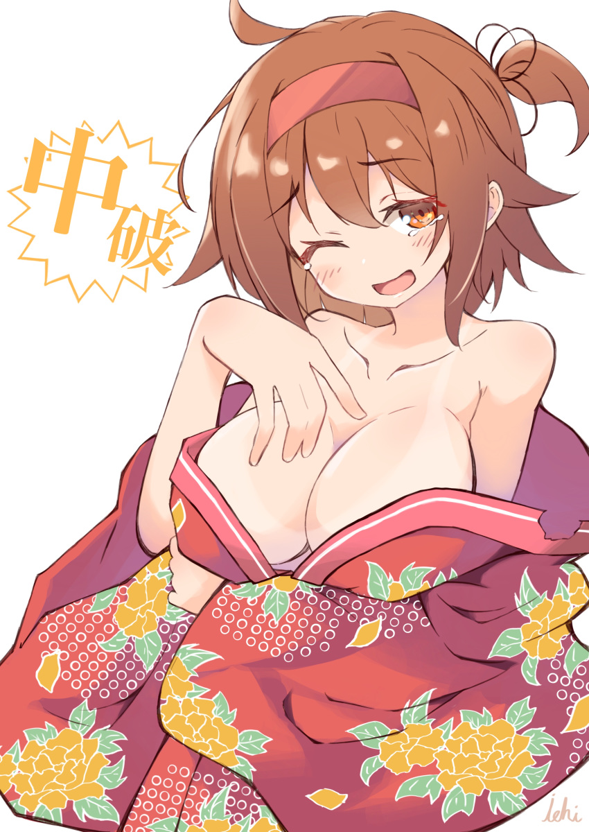 1girl absurdres artist_name blush breasts brown_eyes brown_hair collarbone eyebrows_visible_through_hair gameplay_mechanics hair_between_eyes hairband highres ichi japanese_clothes kantai_collection kimono large_breasts one_eye_closed open_mouth red_hairband red_kimono shiratsuyu_(kantai_collection) short_hair signature simple_background solo tears white_background yukata