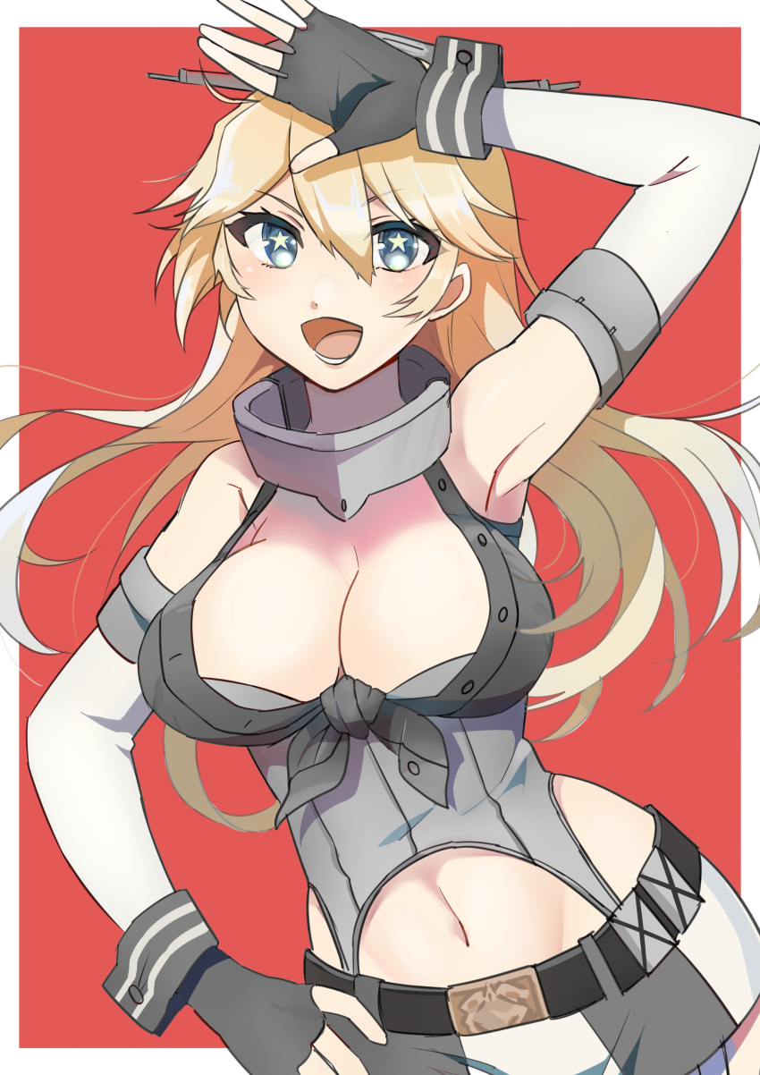 1girl absurdres blonde_hair blue_eyes border breasts cowboy_shot fingerless_gloves front-tie_top garter_straps gloves hand_on_hip headgear highres iowa_(kantai_collection) kantai_collection large_breasts looking_at_viewer miniskirt pose red_background skirt smile solo star-shaped_pupils star_(symbol) striped striped_legwear symbol-shaped_pupils toriniku_senshi_chikinman two-tone_background vertical-striped_legwear vertical_stripes white_border
