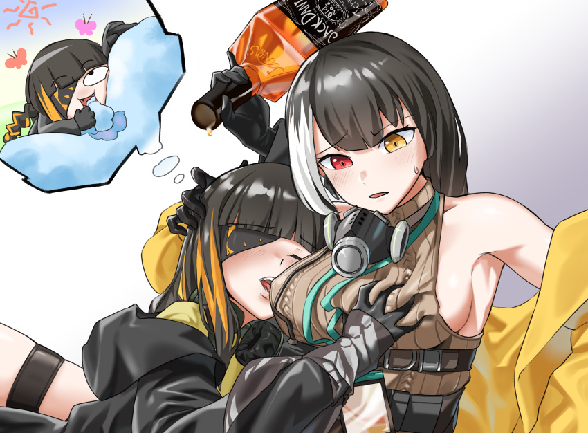 2girls bare_shoulders black_gloves black_hair blush bottle breast_hold breasts brown_sweater closed_eyes eyebrows_visible_through_hair gas_mask girls_frontline gloves heterochromia highres holding holding_bottle holding_head jacket long_hair looking_at_another m16a1_(girls_frontline) medium_breasts multicolored_hair multiple_girls open_mouth red_eyes rivet_vvrn ro635_(girls_frontline) simple_background sleeping sweatdrop sweater yellow_eyes yuri