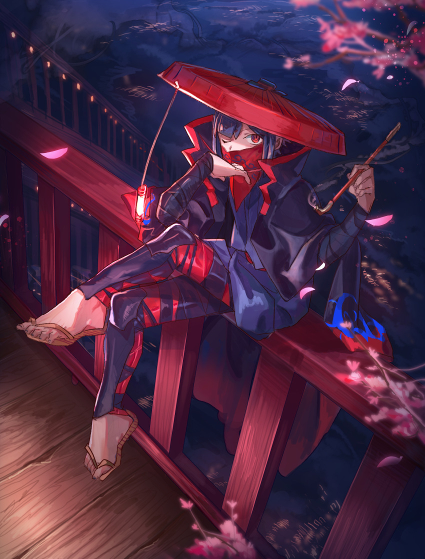 1girl bandana covered_mouth hand_up hat highres holding kiseru kohari_(shichigatsu) long_sleeves looking_at_viewer on_railing one_eye_closed original pipe purple_hair railing red_eyes red_headwear rice_hat sandals shichigatsu smoke solo